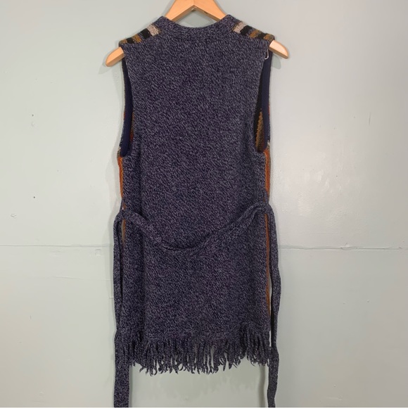 Woolrich shetland Wool Stripped Waist Cardigan Vest Multicolor Fringe Large - Picture 7 of 11